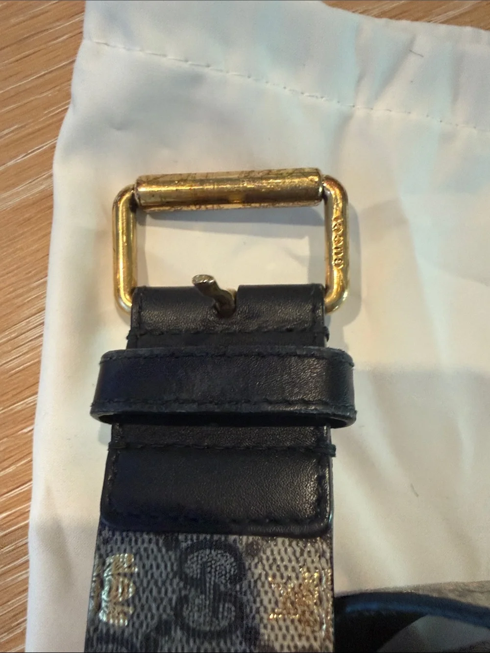 Gucci Beige GG Monogram Belt with Gold Buckle and Black Trim